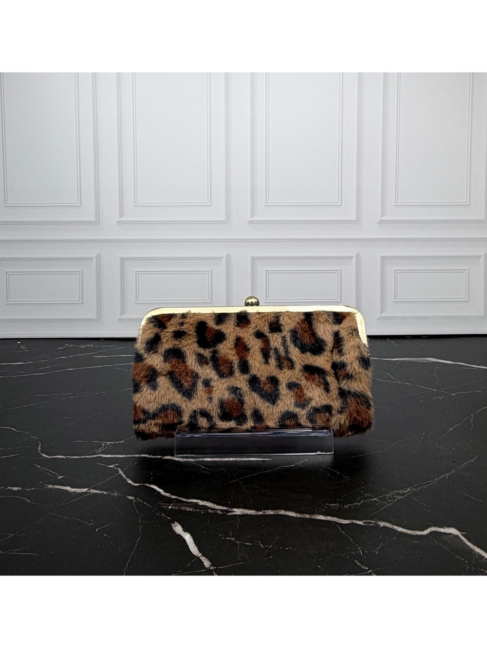 Leopard Faux Fur Double Kiss Lock Clutch Wallet Gold Tone Y2K